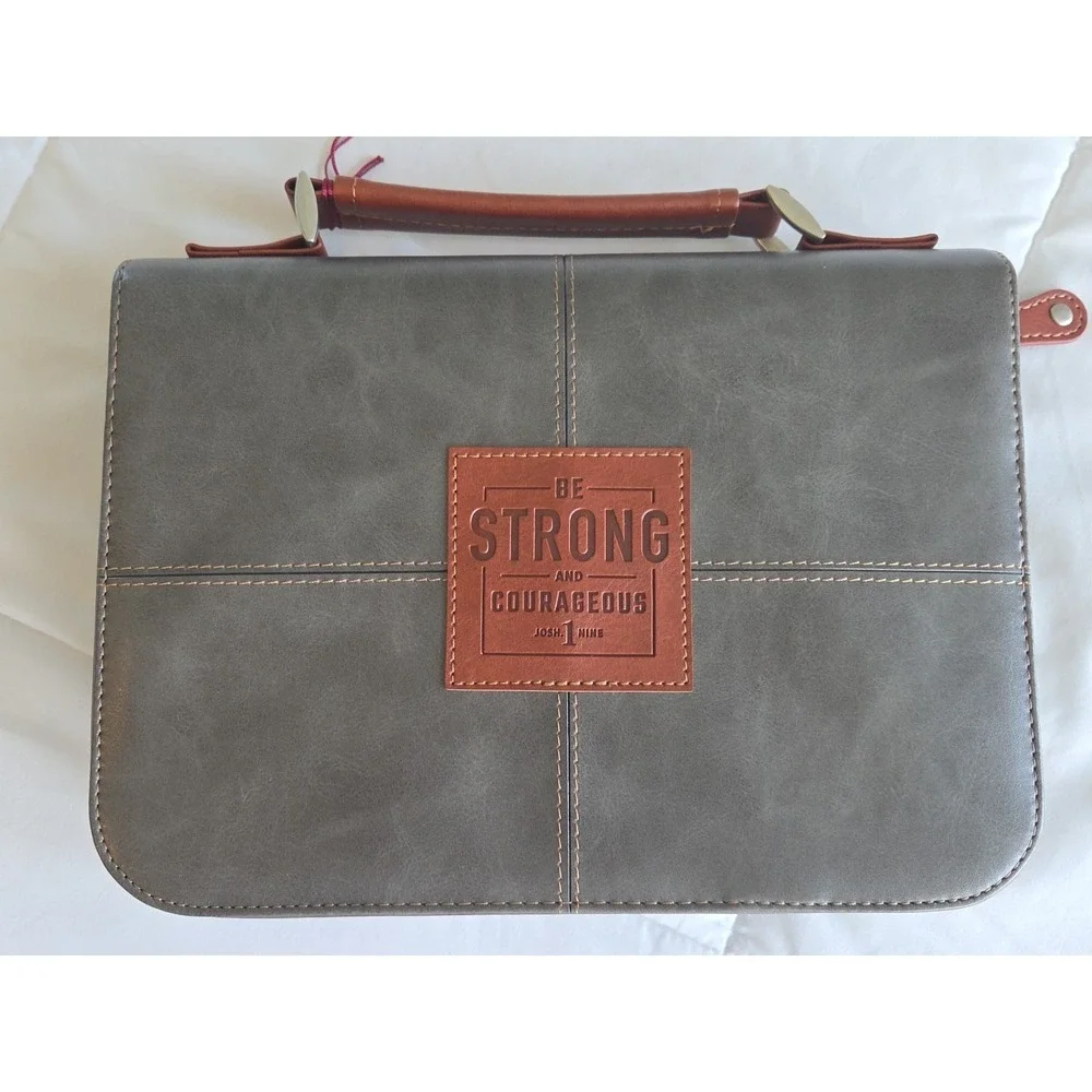 Men's Bible Cover - Be Strong and Courageous, Gray Faux Leather